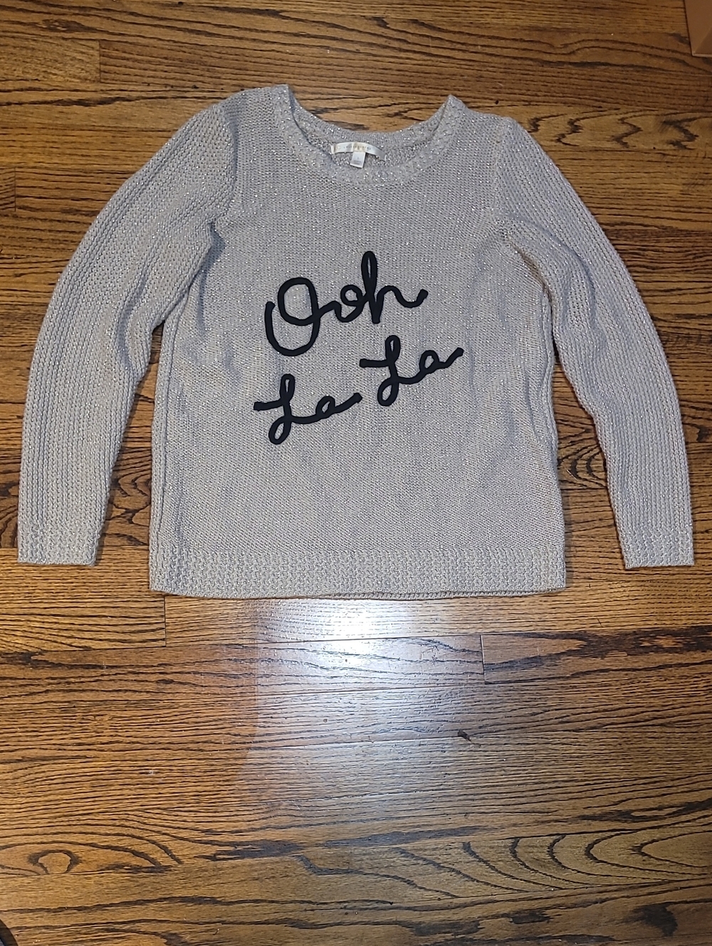 LC Lauren Conrad Gray Knit Crewneck Sweater with Black 'Ooh La La' Script